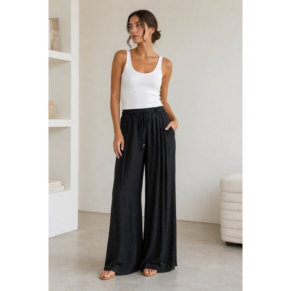 Bluivy Pants - Bluivy Black Flowy Wide Leg Pants L Boho Pleated Elastic Waist Pockets Palazzo